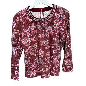 Old Navy Floral Shirt  Cottagecore Embroidered Neck Blouse 3/4 Sleeve Sz. Small